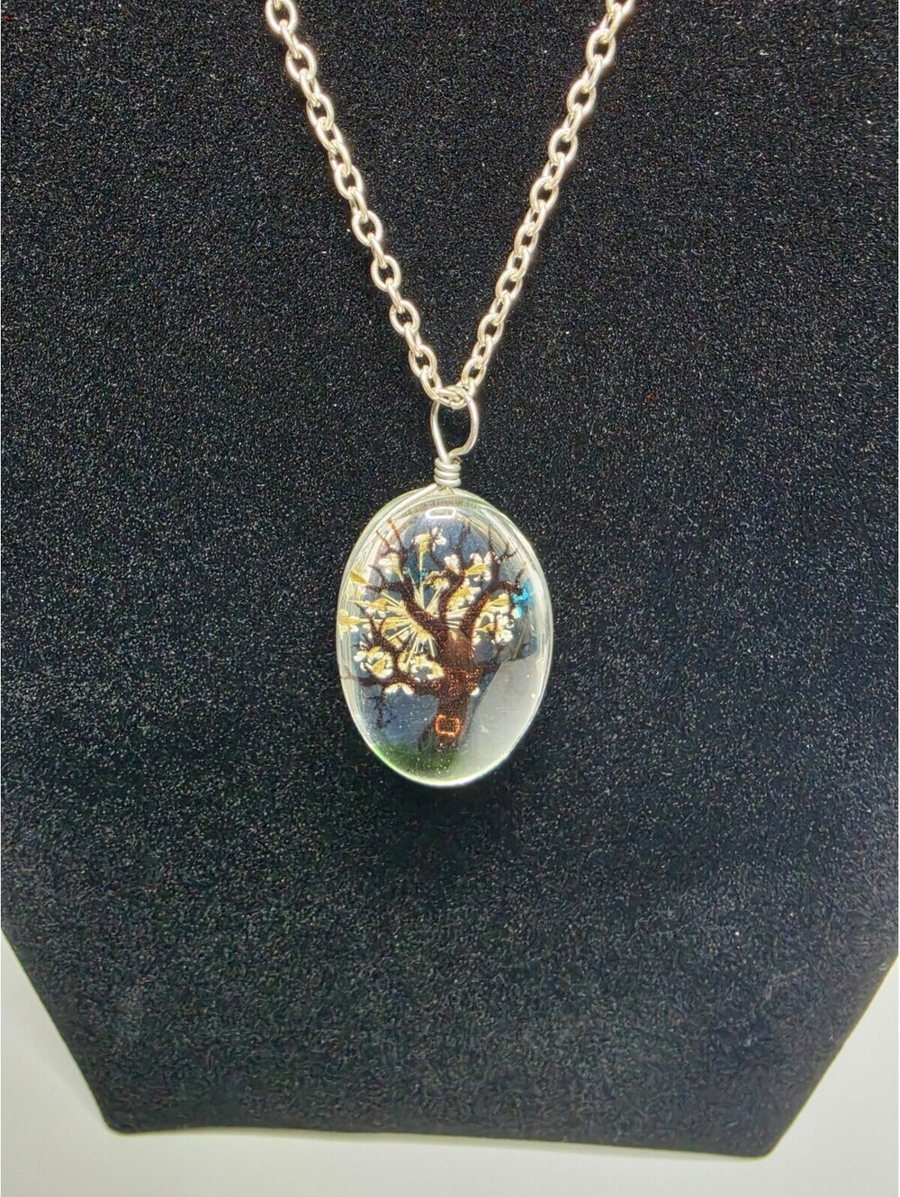 Handmade Resin Tree of Life Dried Flower Opal Pendant Necklace 18"